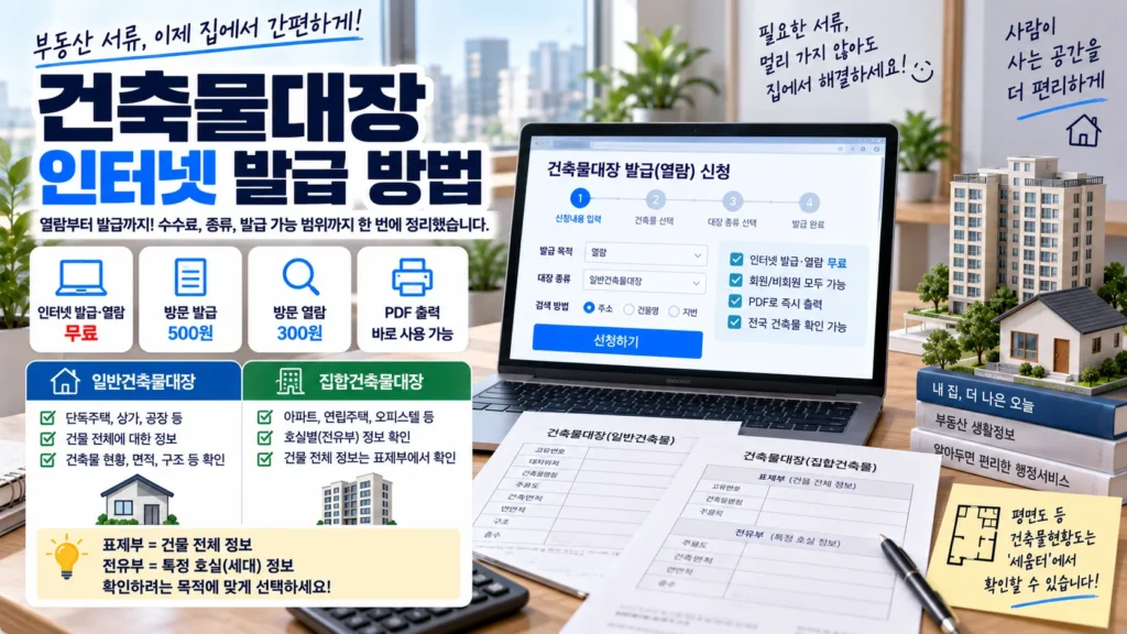 노트북에서 건축물대장을 인터넷으로 발급하고 일반건축물대장과 집합건축물대장의 차이를 확인하는 장면