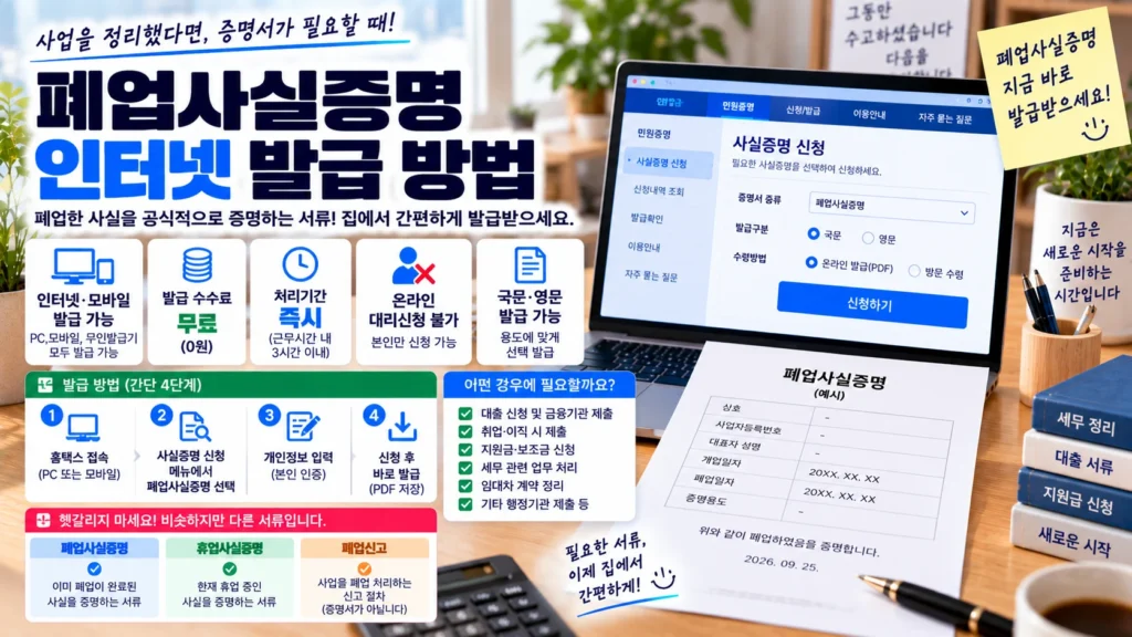 노트북에서 폐업사실증명을 인터넷으로 발급하고 폐업일과 영문증명, 휴업사실증명 차이를 확인하는 장면