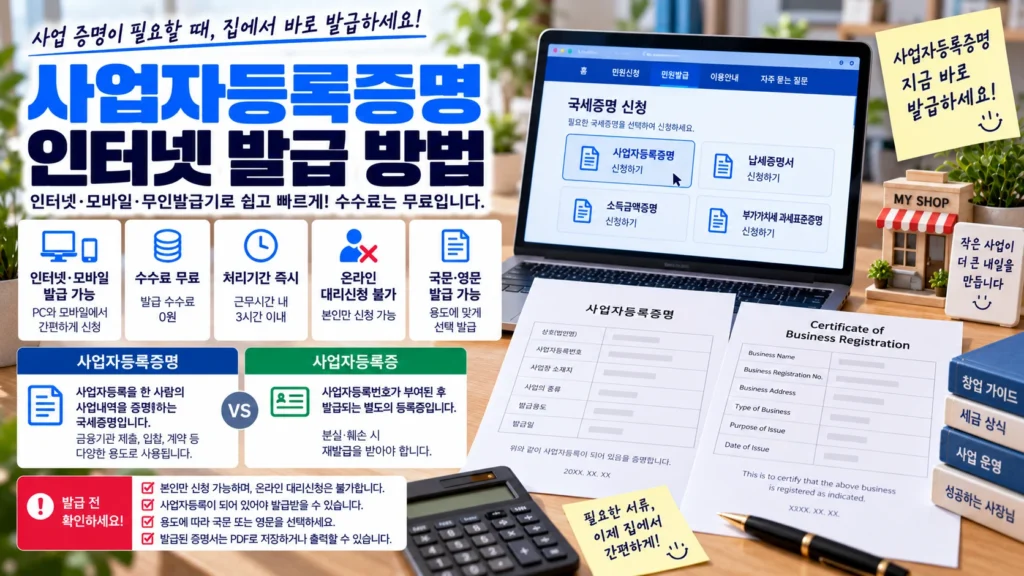 노트북에서 사업자등록증명을 인터넷으로 발급하고 영문증명과 사업자등록증 차이를 확인하는 장면