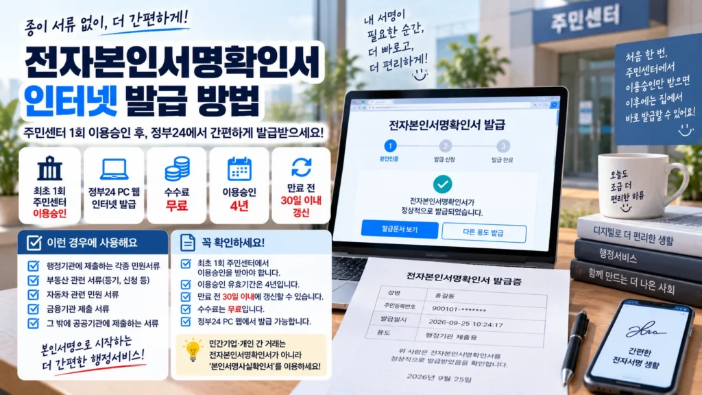 PC에서 전자본인서명확인서를 발급하고 최초 주민센터 이용승인과 4년 유효기간을 확인하는 장면