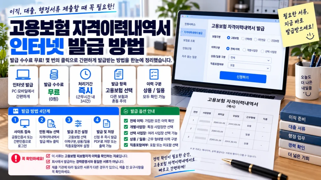 노트북에서 고용보험 자격이력내역서를 발급하고 상용·일용 이력과 직종코드를 확인하는 장면