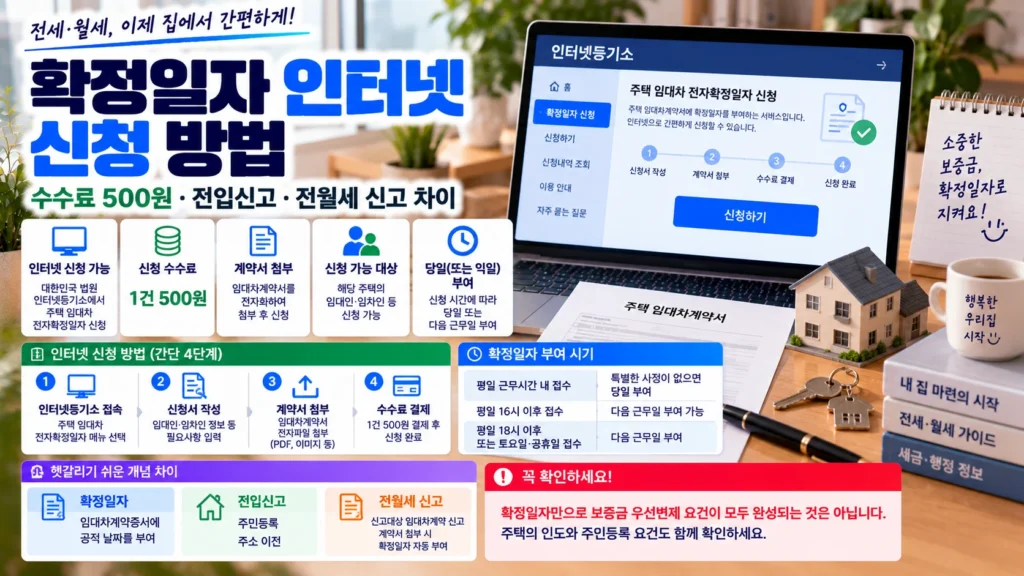 노트북에서 주택 임대차계약 확정일자를 신청하고 수수료 500원과 전입신고, 전월세 신고 차이를 확인하는 장면