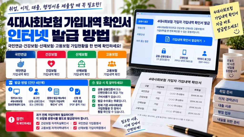 노트북에서 4대사회보험 가입자 가입내역 확인서를 발급하고 국민연금 건강보험 산재보험 고용보험 가입현황을 확인하는 장면
