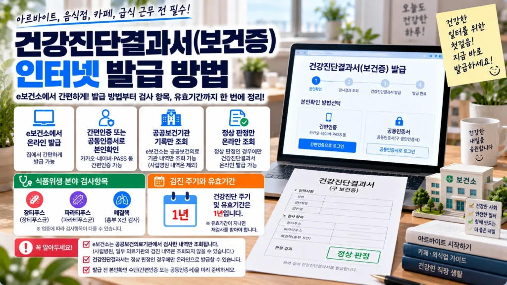 노트북에서 건강진단결과서 보건증을 인터넷으로 발급하고 정상 판정과 유효기간 1년을 확인하는 장면