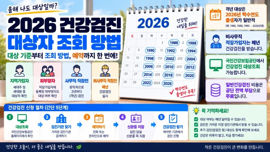 2026년 국가건강검진 대상자 조회와 짝수년생 및 직장인 검진주기를 설명하는 이미지