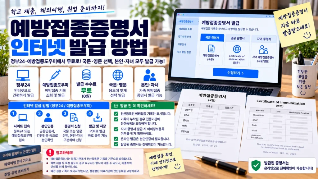 노트북에서 예방접종증명서를 인터넷으로 발급하고 국문·영문·자녀 발급과 접종기록 확인 방법을 설명하는 이미지