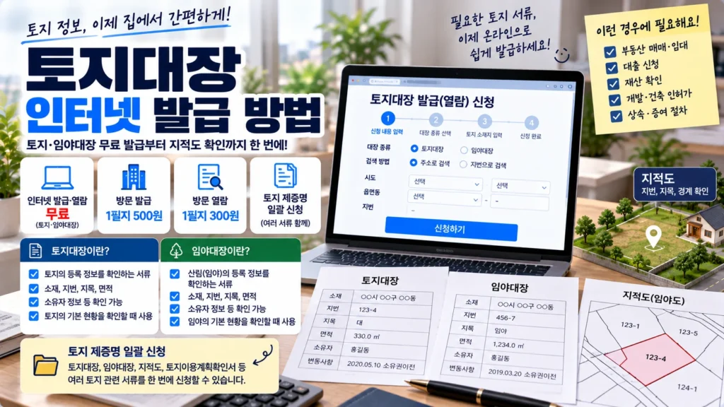 노트북에서 토지대장을 인터넷으로 발급하고 임야대장과 지적도의 차이를 확인하는 장면