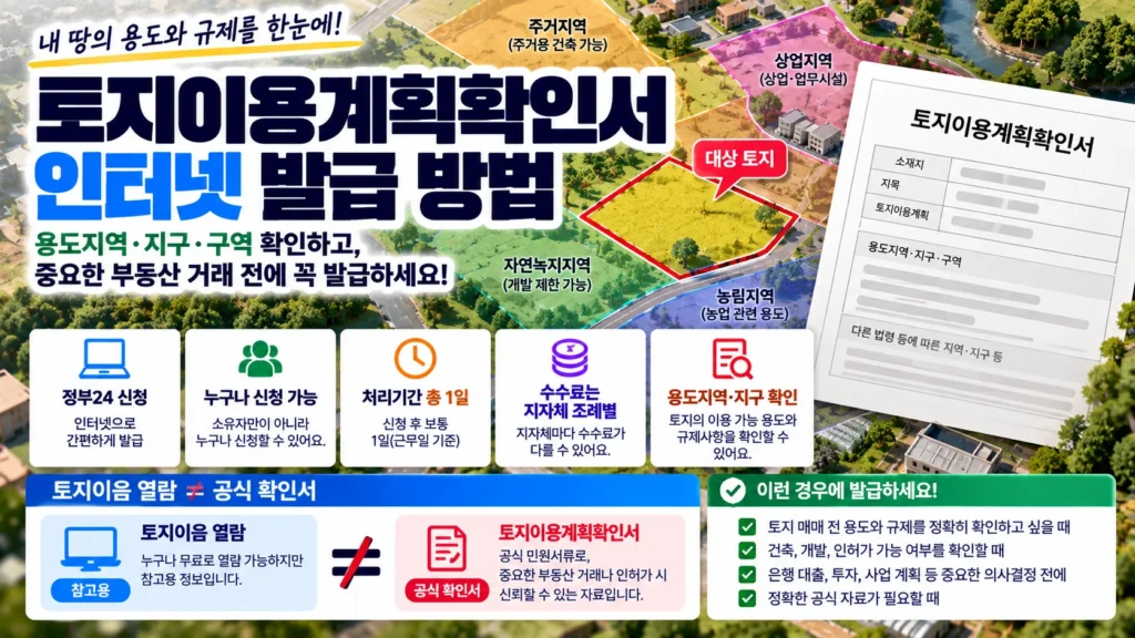 필지 지도와 용도지역 구획으로 토지이용계획확인서와 토지이음 열람 차이를 설명하는 이미지