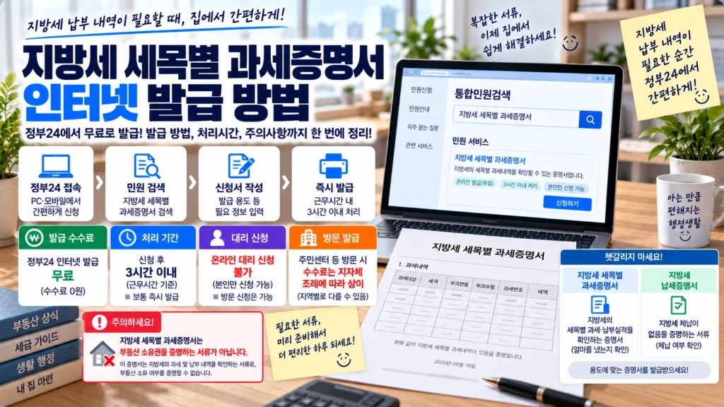 노트북에서 지방세 세목별 과세증명서를 발급하고 세목과 과세내역, 세액을 확인하는 장면