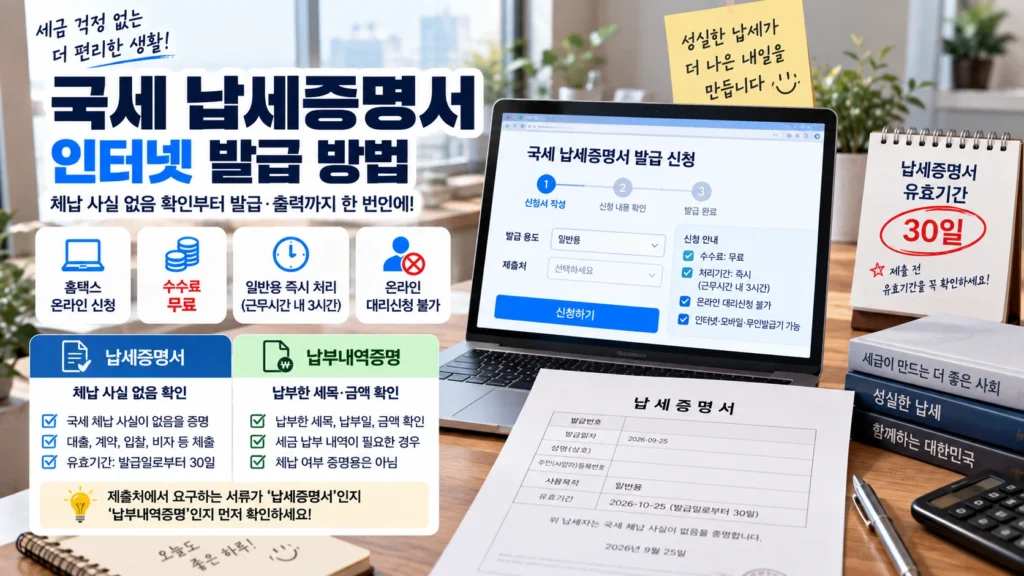 노트북에서 국세 납세증명서를 온라인으로 발급하고 유효기간 30일과 체납 여부를 확인하는 장면