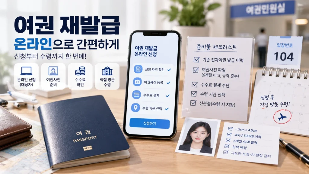 스마트폰으로 여권 재발급을 온라인 신청하는 장면과 여권, 증명사진, 체크리스트