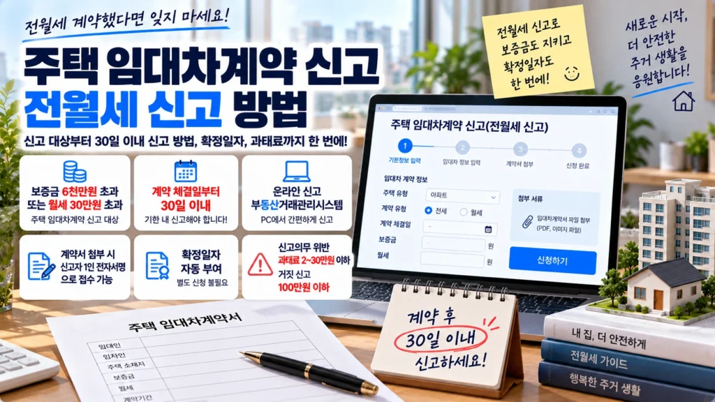 노트북에서 주택 임대차계약을 온라인 신고하고 30일 기한과 보증금·월세 기준을 확인하는 장면