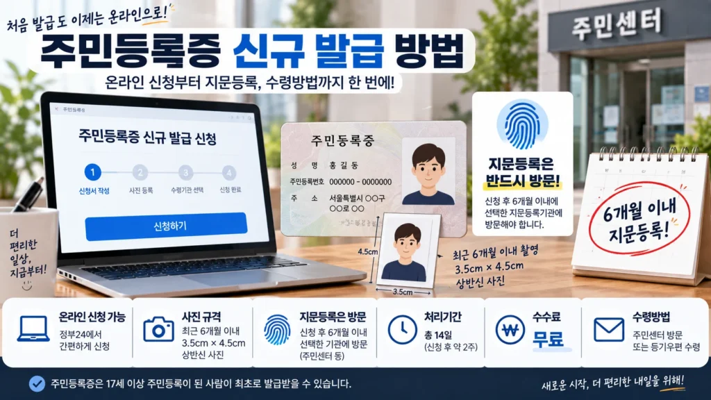 정부24로 주민등록증 신규 발급을 온라인 신청하고 지문등록 방문과 수령 절차를 확인하는 장면
