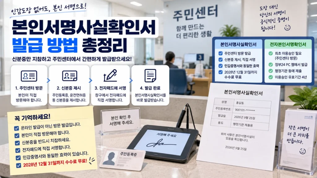 주민센터에서 본인서명사실확인서를 발급받고 전자패드에 직접 서명하는 절차를 설명하는 이미지