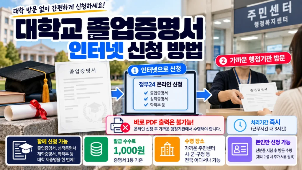 대학교 졸업증명서를 정부24에서 온라인 신청한 뒤 주민센터 등에서 수령하는 절차를 설명하는 이미지