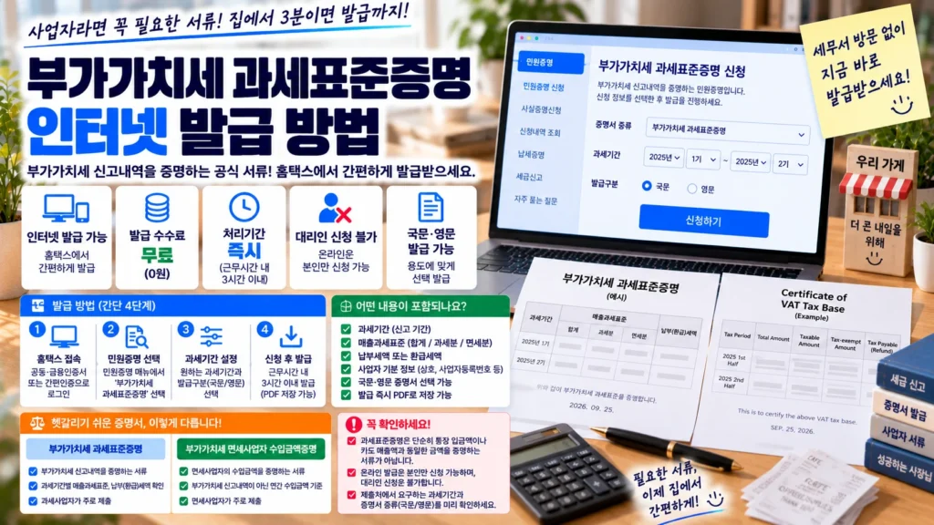 노트북에서 부가가치세 과세표준증명을 발급하고 과세기간과 매출과세표준, 납부세액을 확인하는 장면