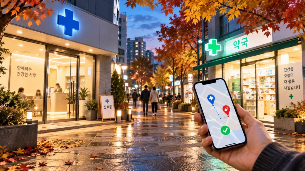 한글날 공휴일 저녁 한국의 가상 동네 병원과 약국 외관, 스마트폰으로 운영정보를 확인하는 모습