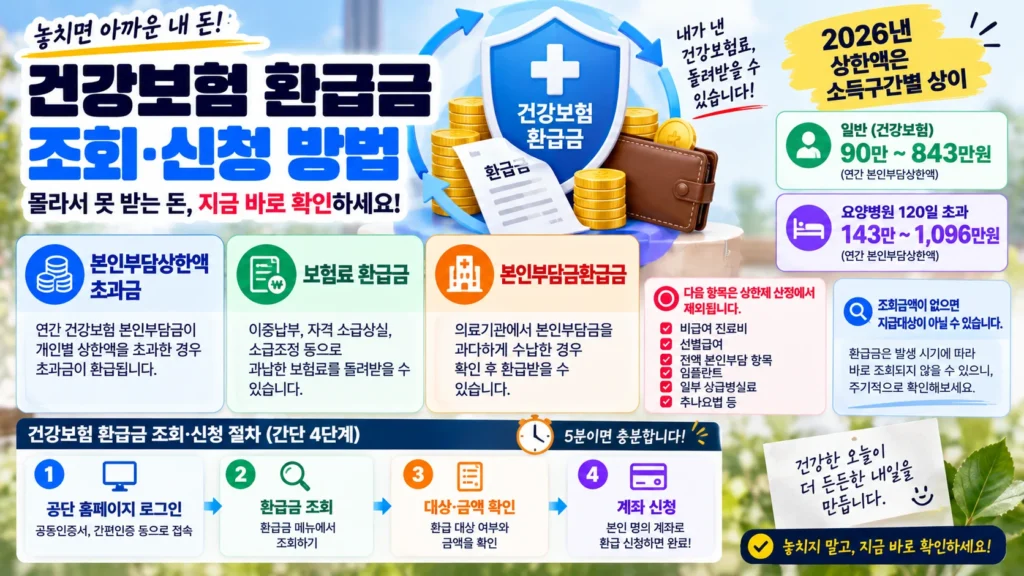 건강보험 환급금 조회와 본인부담상한액 초과금, 보험료 환급금, 본인부담금환급금 차이를 설명하는 이미지