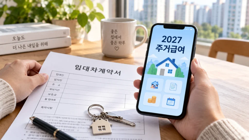 한국 주거공간에서 임대차계약서와 집 열쇠, 주거급여 안내가 표시된 스마트폰을 함께 확인하는 2027년 월세 지원 안내 이미지