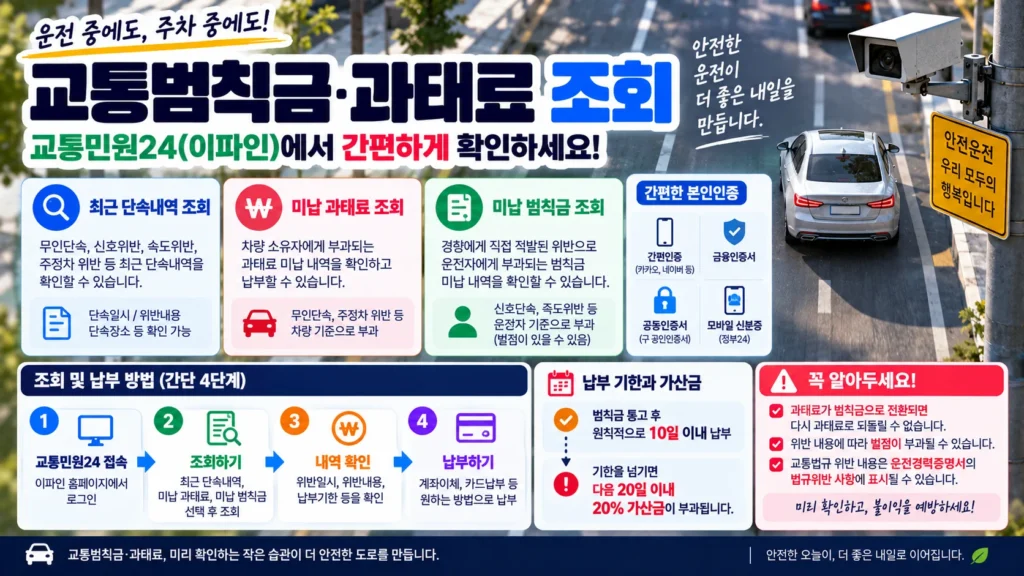 도로 단속카메라와 자동차를 배경으로 최근단속내역, 미납과태료, 미납범칙금 조회와 차이를 설명하는 이미지