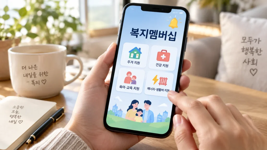 스마트폰에 표시된 복지멤버십 맞춤형 복지서비스 안내 예시 화면과 주거·의료·교육·에너지 지원을 상징하는 아이콘